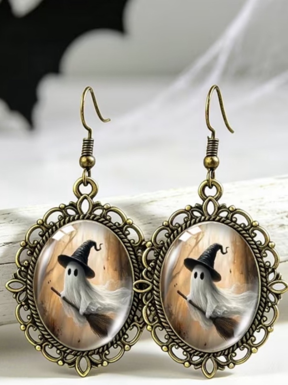Ghost Witch Cameo Drop Earrings in Antique Gold - Unbranded